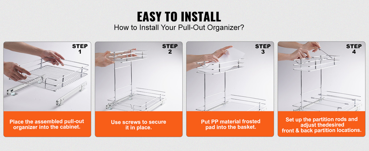 four-step installation guide for the VEVOR pull out cabinet organizer. simple and easy setup.