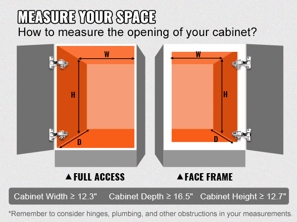 measure cabinet space for VEVOR pull out cabinet organizer. ensure width ≥ 12.3", depth ≥ 16.5", height ≥ 12.7".