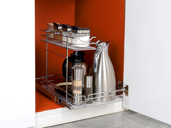 VEVOR pull out cabinet organizer with jars, bottles, and containers on a wire shelf, in an open kitchen cabinet.