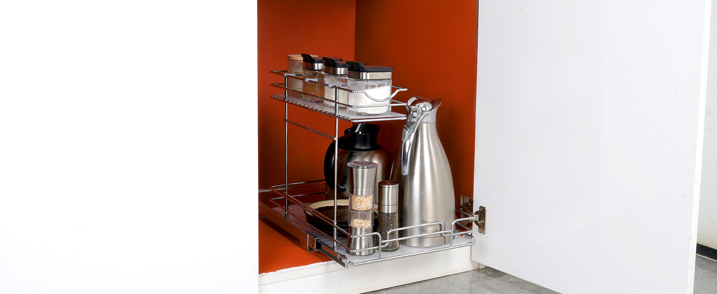 VEVOR pull out cabinet organizer with jars, bottles, and containers on a wire shelf, in an open kitchen cabinet.