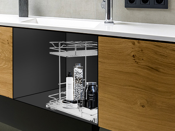 modern bathroom with a VEVOR pull out cabinet organizer under the sink, showcasing organized toiletries.