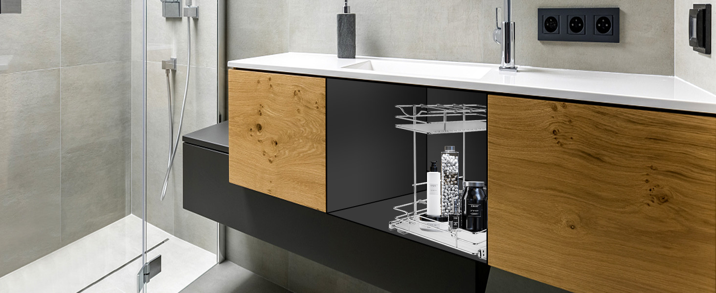 modern bathroom with a VEVOR pull out cabinet organizer under the sink, showcasing organized toiletries.
