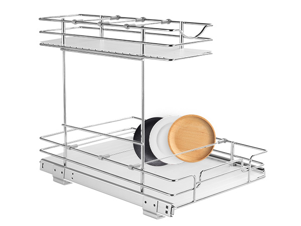 VEVOR pull out cabinet organizer with two-tier metal shelves, showcasing plates on the lower rack.
