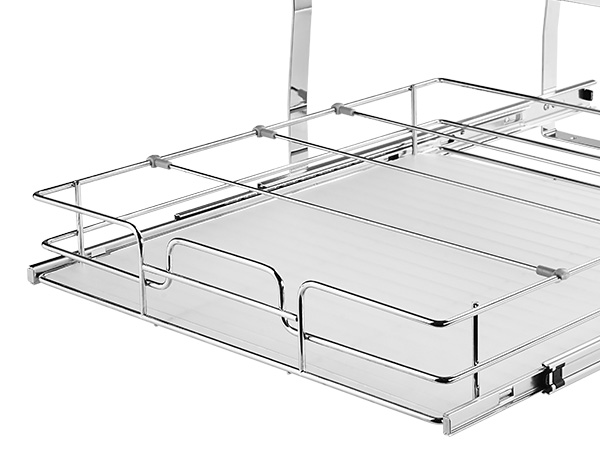 VEVOR pull out cabinet organizer with sleek chrome finish and sturdy wireframe for efficient kitchen storage.