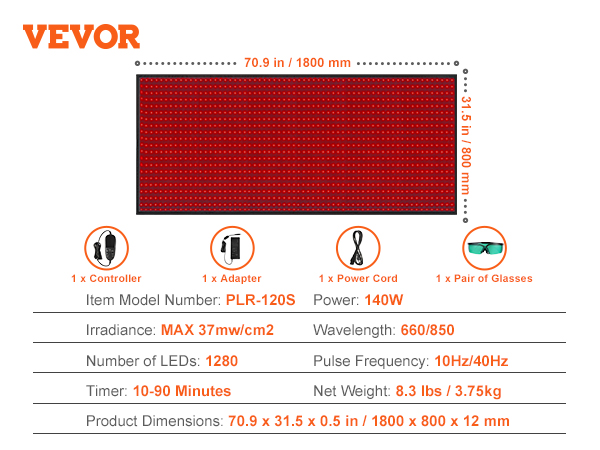 VEVOR red light therapy mat, 1280 leds, 140w, 70.9x31.5x0.5 in with controller, adapter, power cord, glasses.