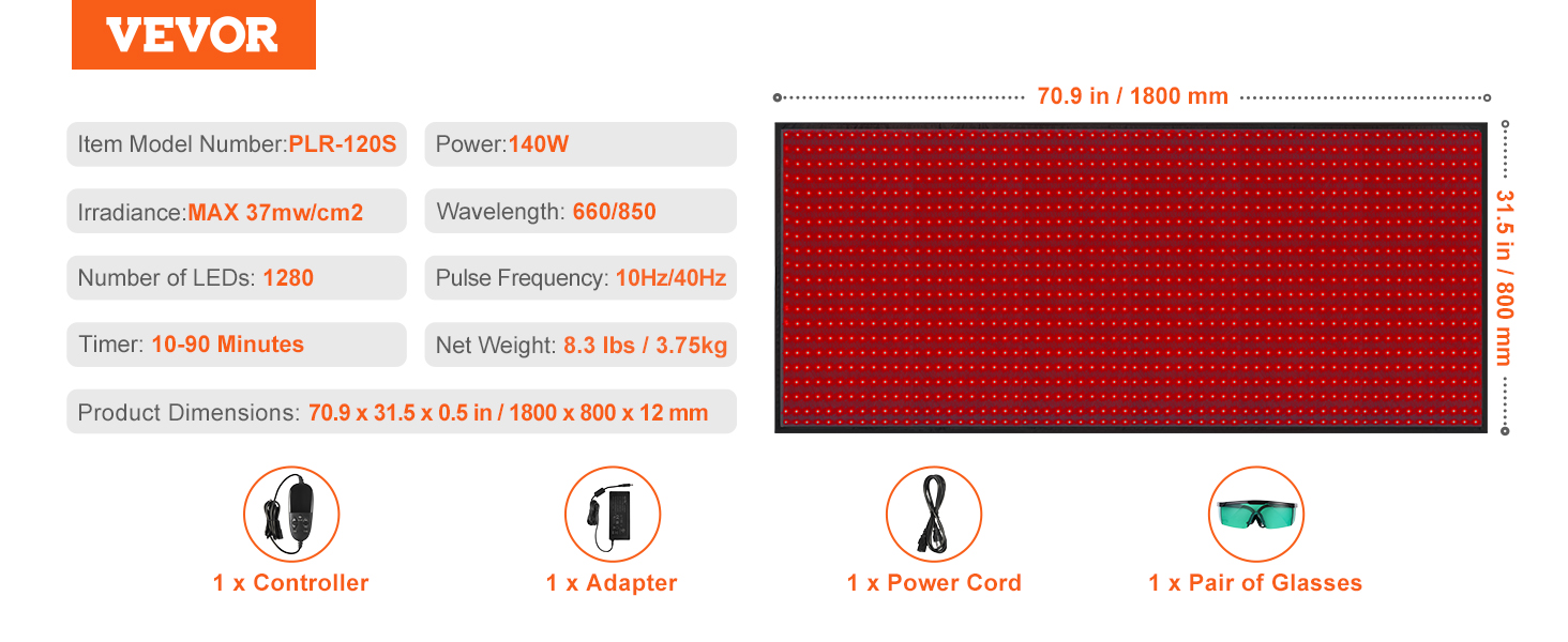 VEVOR red light therapy mat, 1280 leds, 140w, 70.9x31.5x0.5 in with controller, adapter, power cord, glasses.