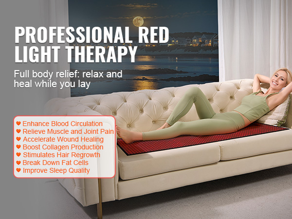 professional red light therapy mat session on a beige sofa for enhanced blood circulation and pain relief.