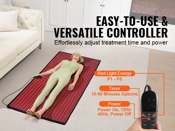 VEVOR red light therapy mat with user lying down, showcasing a versatile controller with timer options.