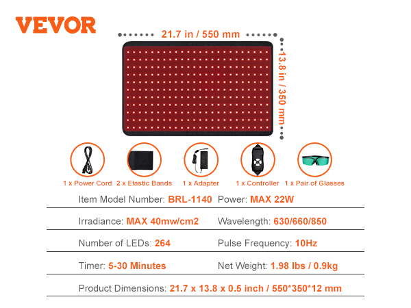 VEVOR red light therapy panel with specs: 264 leds, 22w power, 5-30 min timer, accessories included.