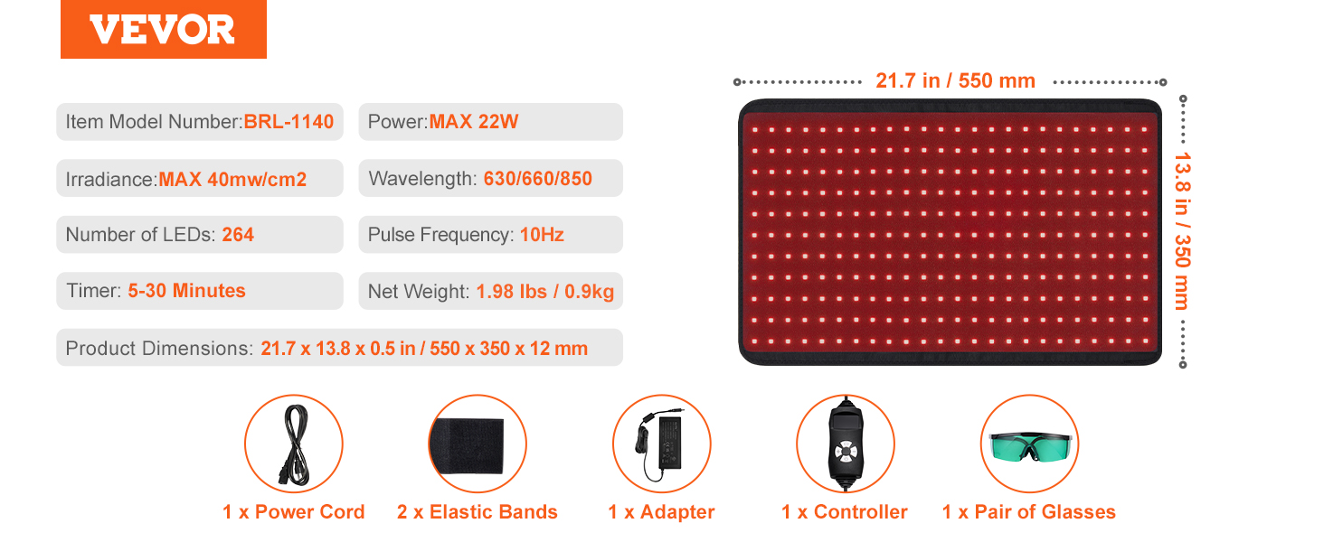 VEVOR red light therapy panel with specs: 264 leds, 22w power, 5-30 min timer, accessories included.