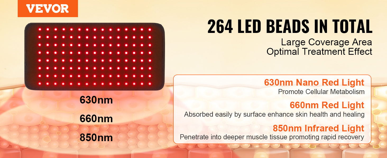 VEVOR red light therapy device with 264 led beads showing wavelengths of 630nm, 660nm, and 850nm.