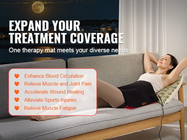 person using VEVOR red light therapy mat on couch, promoting enhanced circulation and pain relief benefits.