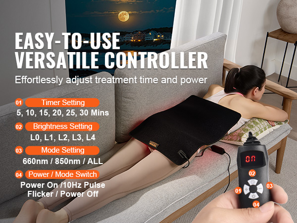VEVOR red light therapy pad with versatile controller for adjustable treatment settings on a couch.