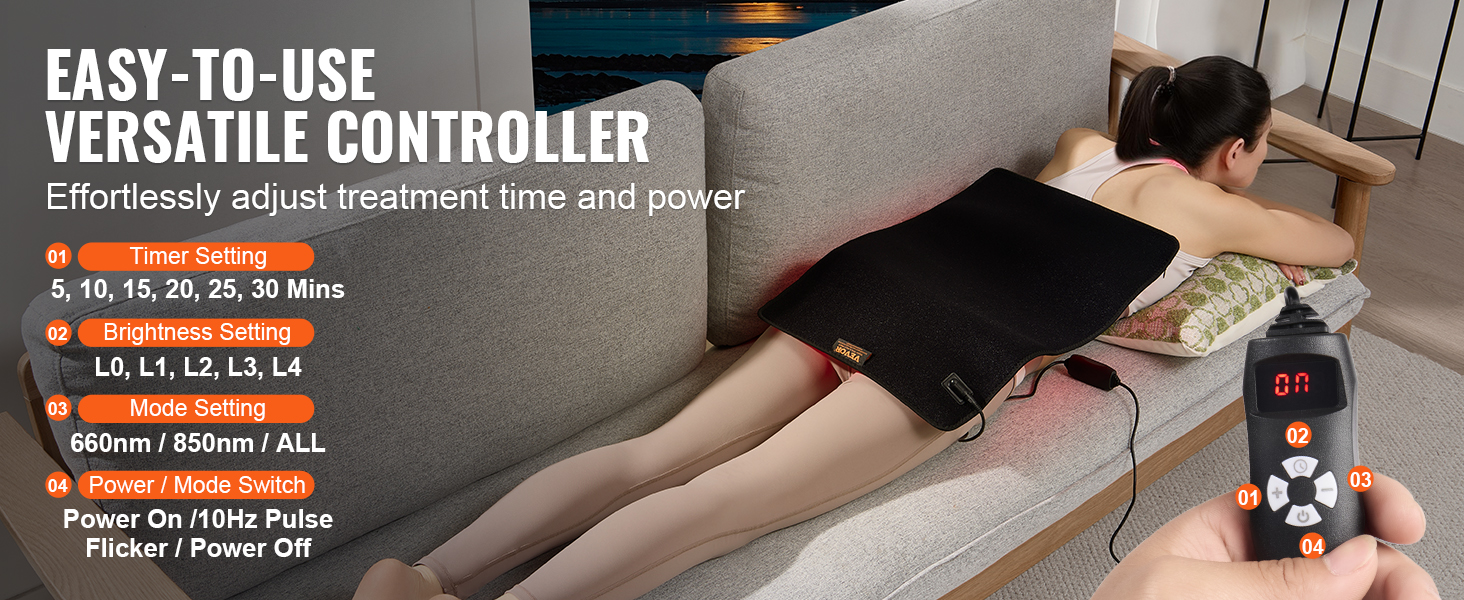 VEVOR red light therapy pad with versatile controller for adjustable treatment settings on a couch.
