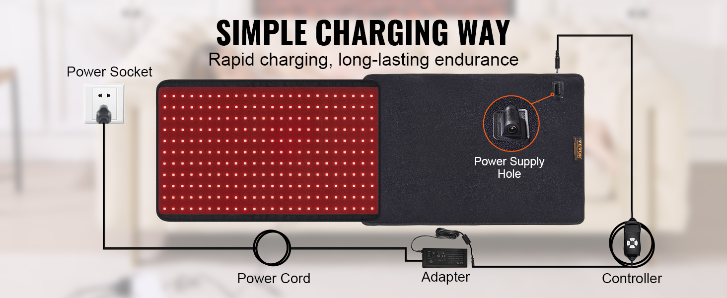 VEVOR red light therapy device with charging components: power cord, adapter, and controller.