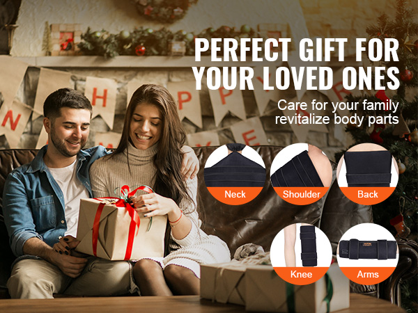 couple exchanging gifts on a couch with promotional text for VEVOR red light therapy products for neck, shoulder, back, knee, and arms.