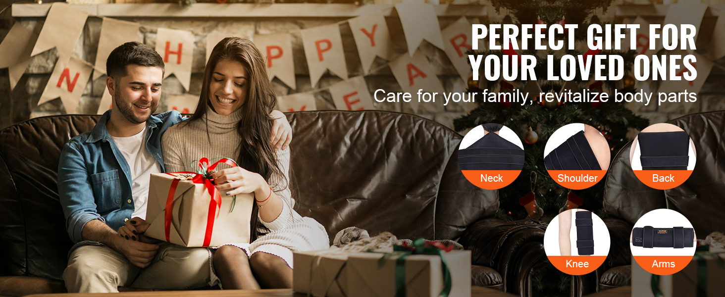 couple exchanging gifts on a couch with promotional text for VEVOR red light therapy products for neck, shoulder, back, knee, and arms.