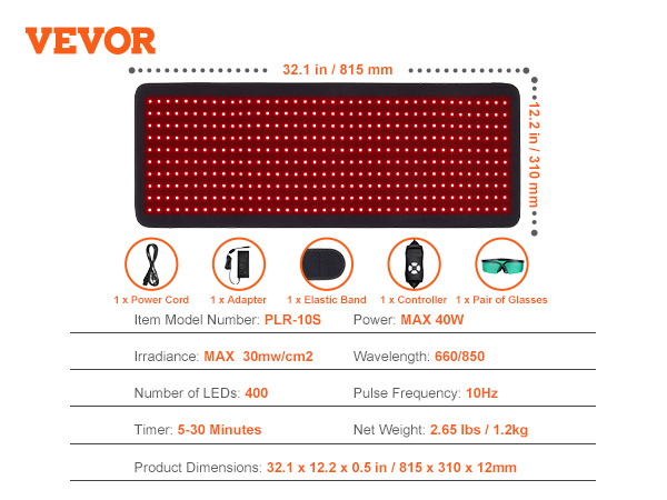 VEVOR red light therapy mat, 400 leds, 32.1 x 12.2 inches, 5-30 minute timer, includes power cord, controller, and glasses.