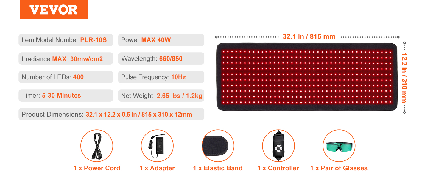 VEVOR red light therapy mat, 400 leds, 32.1 x 12.2 inches, 5-30 minute timer, includes power cord, controller, and glasses.