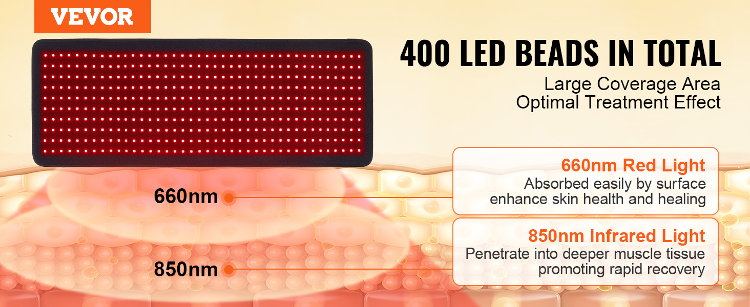 VEVOR red light therapy mat with 400 led beads, 660nm, and 850nm light for skin and muscle treatment.