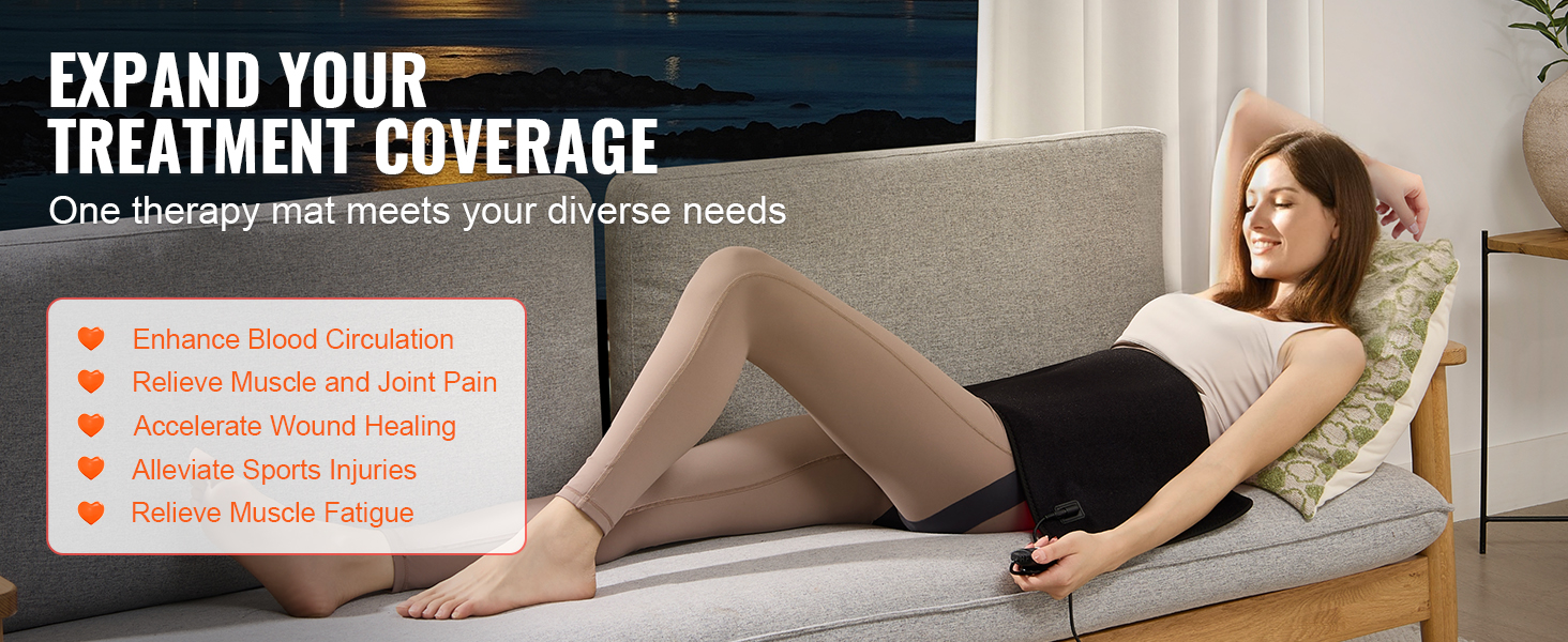 woman using the VEVOR red light therapy mat on a couch to alleviate muscle and joint pain and enhance blood circulation.