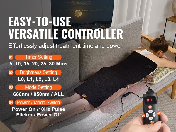 VEVOR red light therapy mat on a couch with versatile controller settings for timer, brightness, and modes.