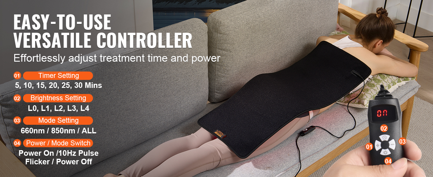 VEVOR red light therapy mat on a couch with versatile controller settings for timer, brightness, and modes.