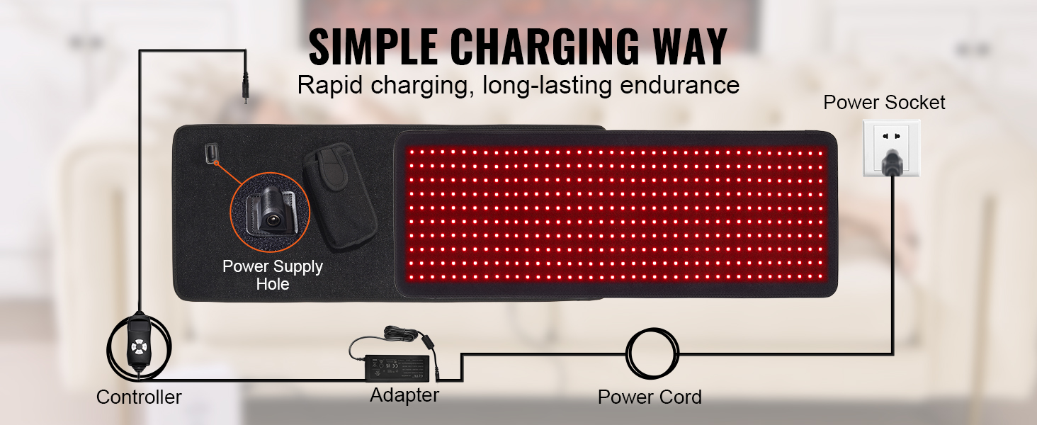 VEVOR red light therapy mat connected via power cord and adapter, highlighting simple charging way.