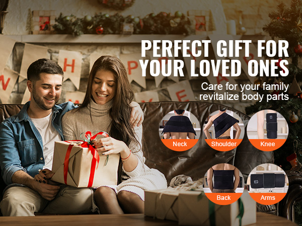 couple exchanging gifts in festive setting; promotes VEVOR red light therapy mat for neck, shoulder, knee, back, and arms.