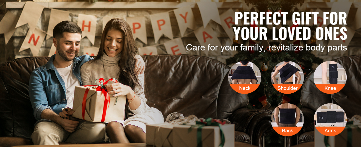 couple exchanging gifts in festive setting; promotes VEVOR red light therapy mat for neck, shoulder, knee, back, and arms.