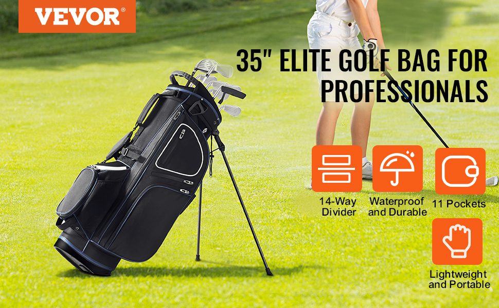 VEVOR golf cart bag with 14-way divider, waterproof, 11 pockets, lightweight and portable on green lawn.