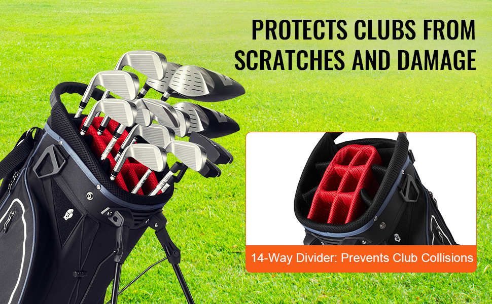 VEVOR golf cart bag with 14-way divider protecting clubs from scratches and damage on a green field.