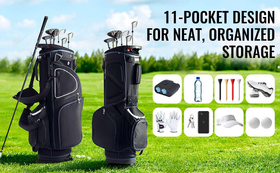 VEVOR golf cart bag with 11 pockets for organized storage, displayed on a golf course with accessories.