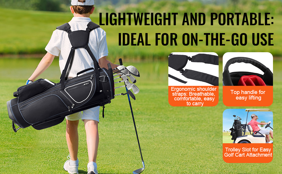 golfer carrying VEVOR golf cart bag with ergonomic shoulder straps and top handle, highlighting portability.