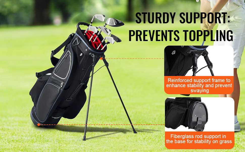 VEVOR golf cart bag with sturdy reinforced frame, prevents toppling on grassy terrain, golfer in background.