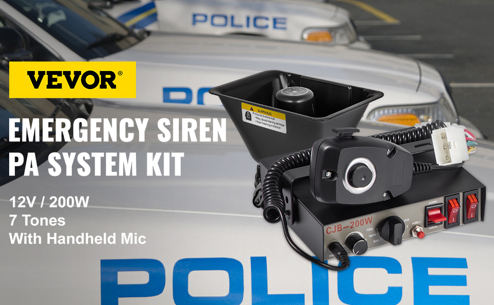 VEVOR auto brīdinājuma signalizācijas sistēmas komplekts ar rokas mikrofonu, 12v/200w, 7 toņi, uz policijas automašīnas fona.
