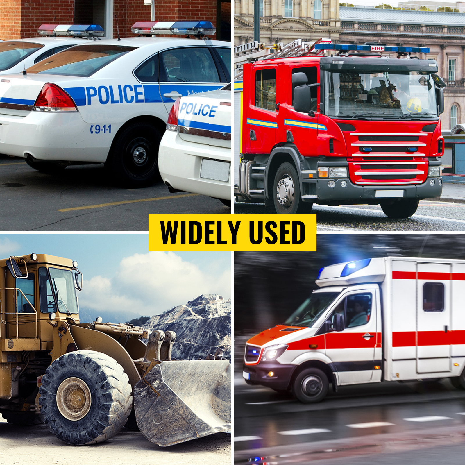 policijas automašīnas, ugunsdzēsēju automašīnas, buldozers un ātrā palīdzība, kas ilustrē VEVOR auto brīdinājuma signalizācijas plašo pielietojumu.