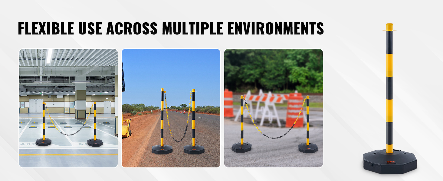 VEVOR traffic delineator cones in use indoors, on a road, and in a construction area.