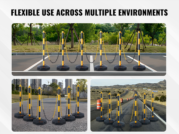 VEVOR traffic delineator cones used in parking lots, urban areas, and highways, showcasing flexibility.