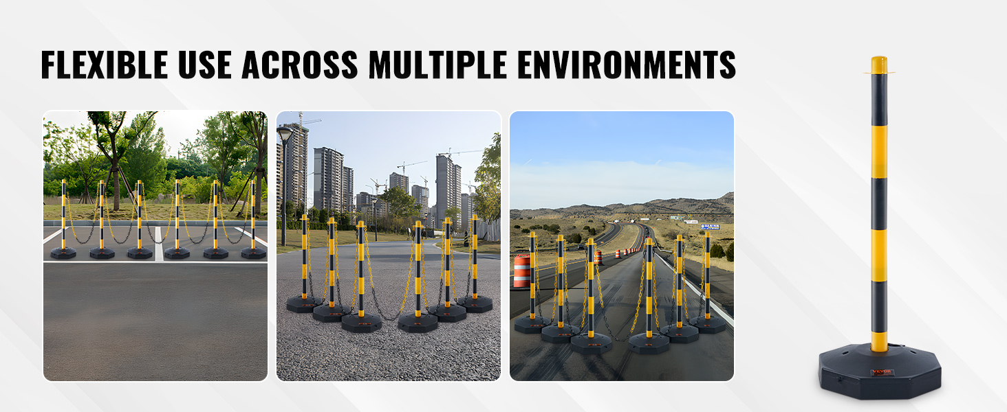 VEVOR traffic delineator cones used in parking lots, urban areas, and highways, showcasing flexibility.
