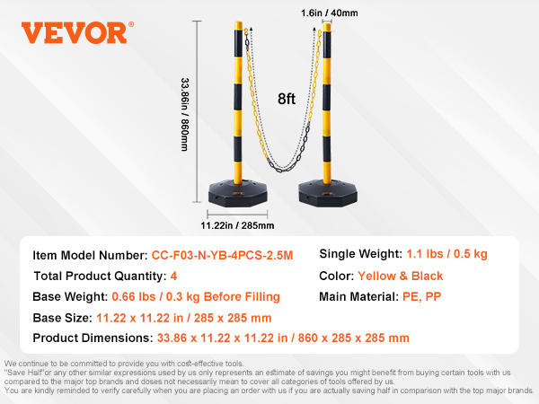 VEVOR traffic delineator cones, yellow and black, 8ft chain, pe, pp, pack of 4.
