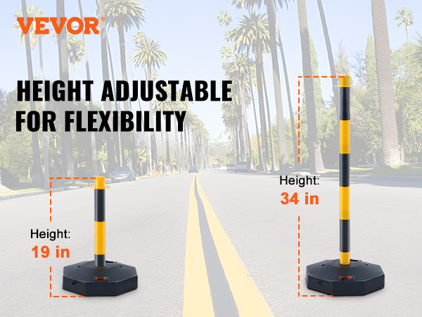 VEVOR traffic delineator cones on a street, adjustable from 19 inches to 34 inches, offering flexibility.