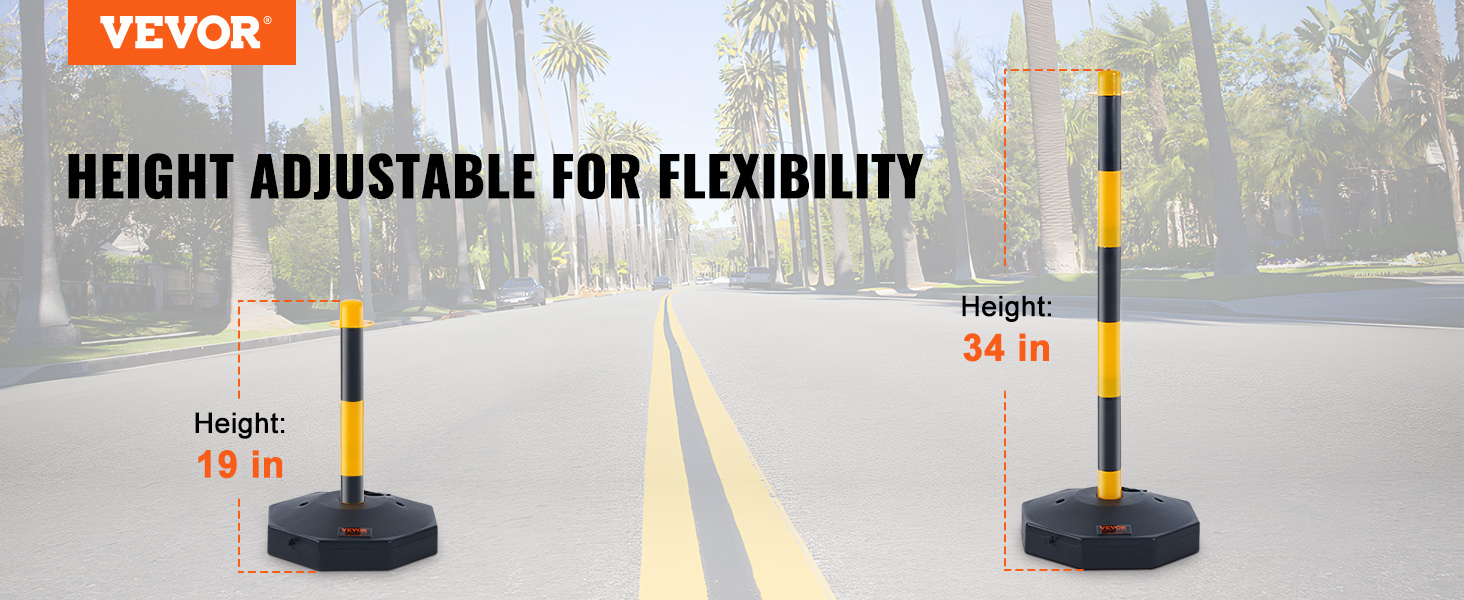 VEVOR traffic delineator cones on a street, adjustable from 19 inches to 34 inches, offering flexibility.