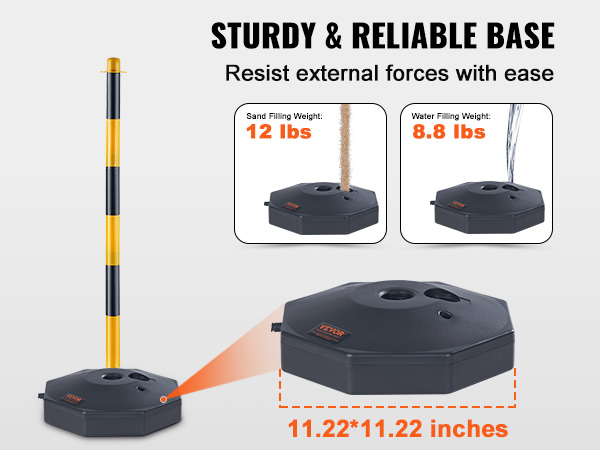 VEVOR traffic delineator cones with robust base, sand weight 12 lbs, water weight 8.8 lbs. 11.22*11.22 in.