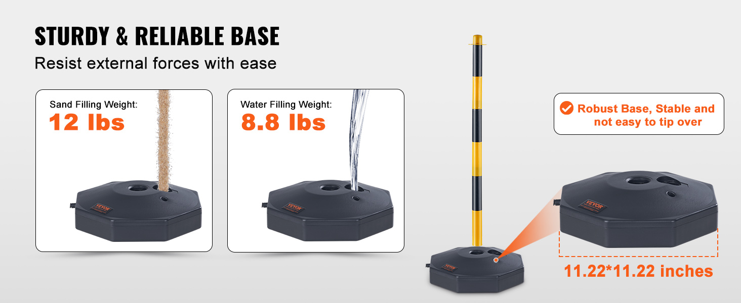 VEVOR traffic delineator cones with robust base, sand weight 12 lbs, water weight 8.8 lbs. 11.22*11.22 in.