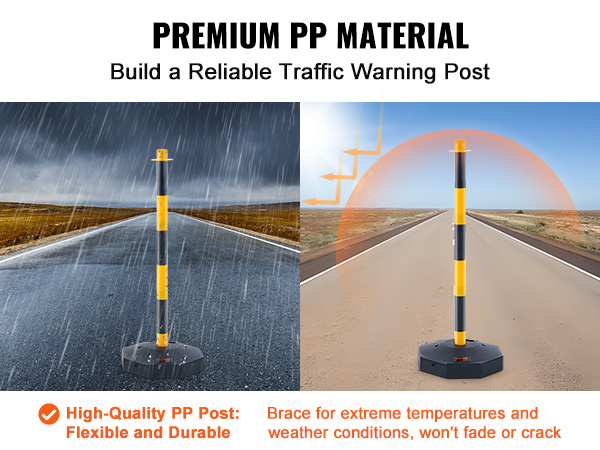 VEVOR traffic delineator cones on a rainy and sunny road, showcasing durability and weather resistance.