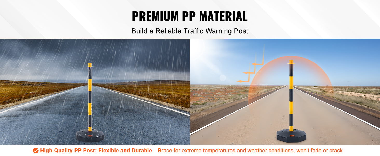 VEVOR traffic delineator cones on a rainy and sunny road, showcasing durability and weather resistance.