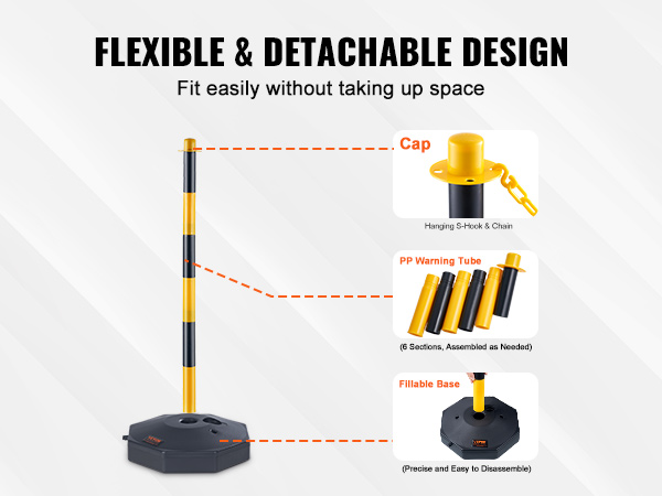 VEVOR traffic delineator cones: flexible, detachable design, featuring cap, pp warning tube, and fillable base.