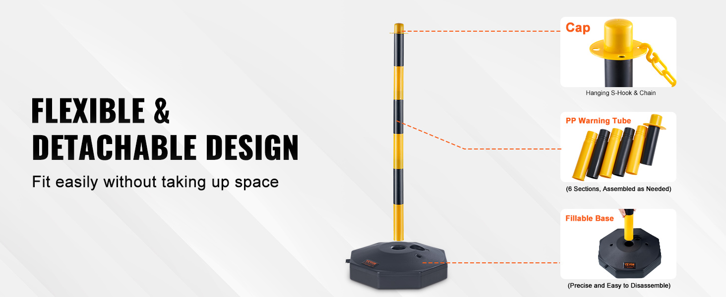 VEVOR traffic delineator cones: flexible, detachable design, featuring cap, pp warning tube, and fillable base.