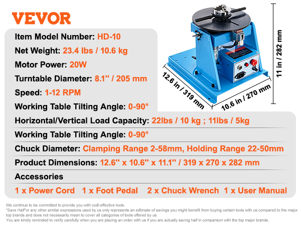 VEVOR welding positioner hd-10, blue, 20w motor, 1-12 rpm, 205mm turntable, dimensions 12.6"x10.6"x11.1".